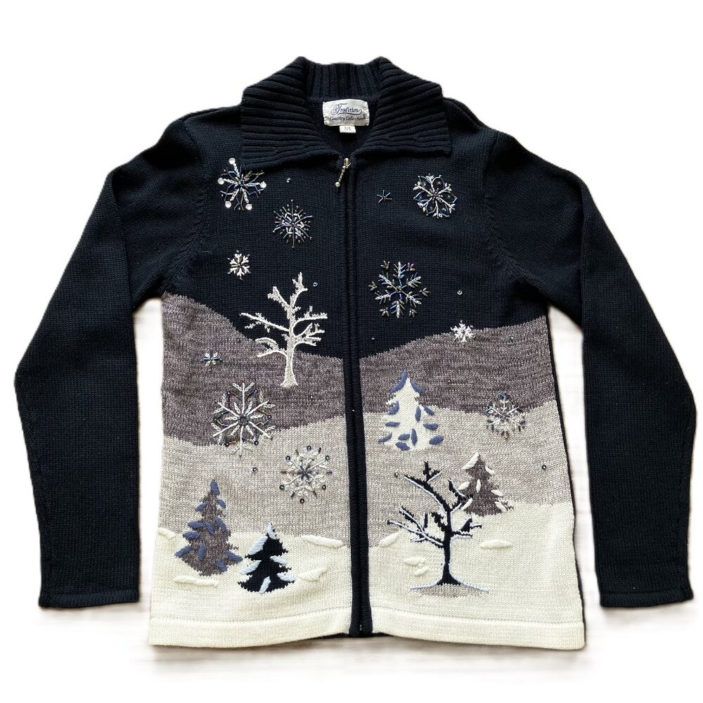 Tradition Beaded Knit Cardigan Sweater Winter Snowflake Forest Vintage Y2K Small